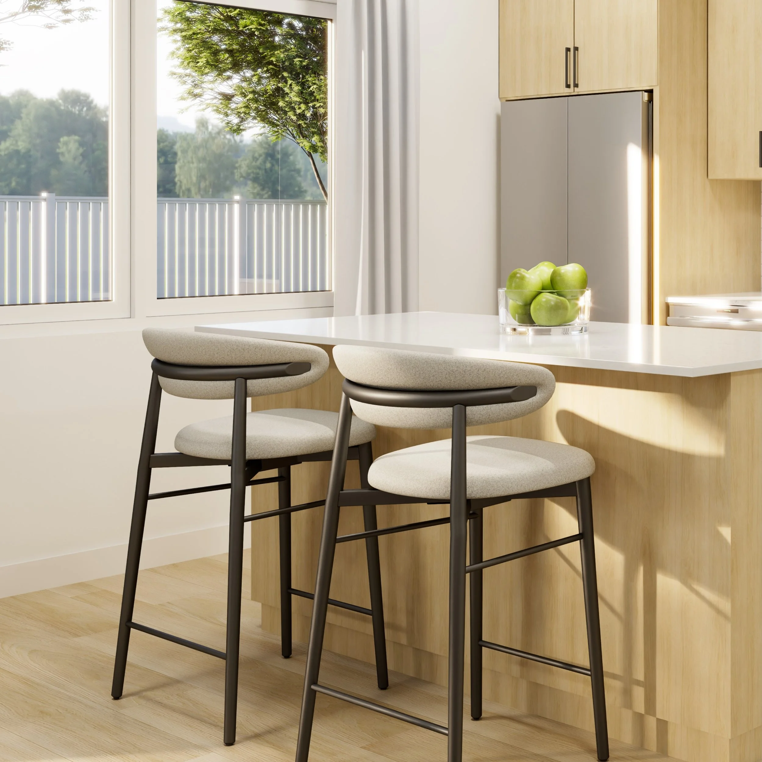 Modern apartment kitchen with quartz countertops and stainless steel appliances