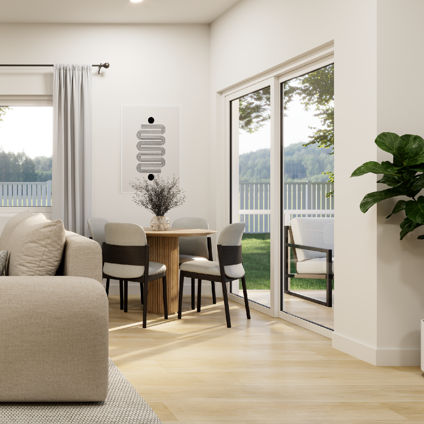 Sunlit living room inside a modern rental suite by Emslie Co.