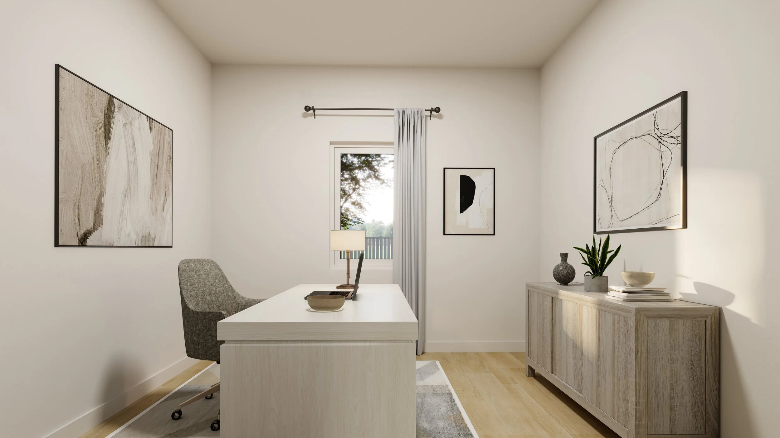 Primary bedroom in a modern one-bedroom apartment at 235 Wentworth