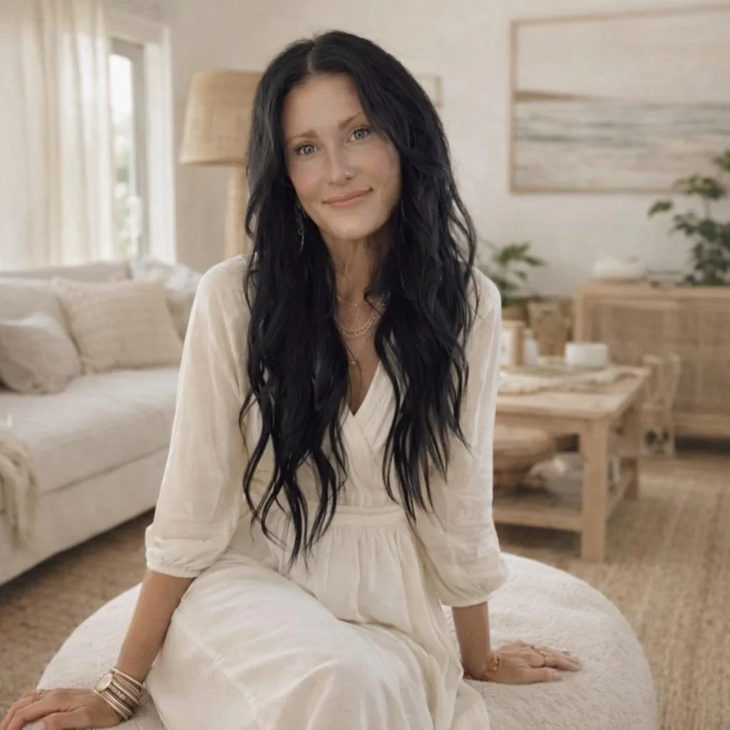A woman with long black wavy hair, wearing a cream-colored dress, sitting on a plush ottoman in a cozy, well-lit living room with beige furniture and decor.