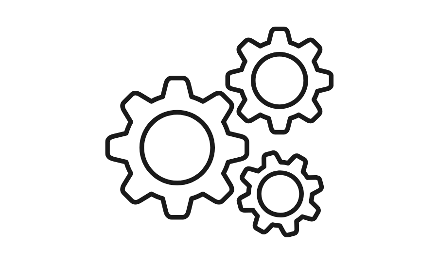 Outline of three interlocking gears on a black background.