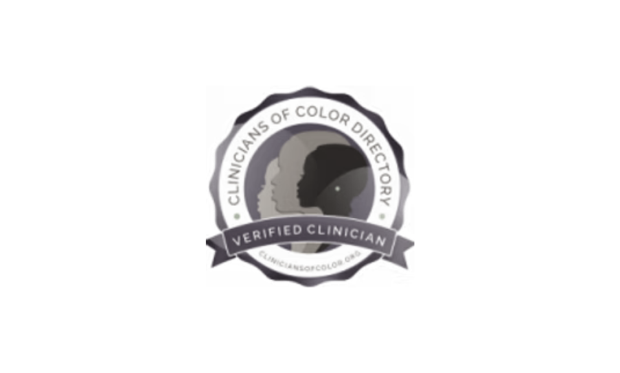 Seal with profiles of three faces in different shades of gray surrounding the text 'Clinicians of Color Directory.' A banner across the seal reads 'Verified Clinician.'
