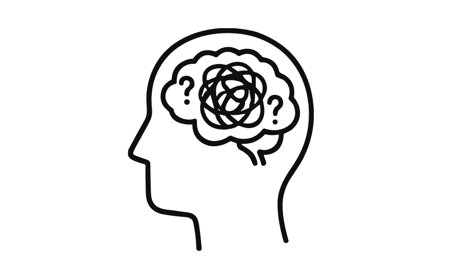 Outline of a human head in profile with a scribbled brain and question marks inside, representing confusion or mental clutter.