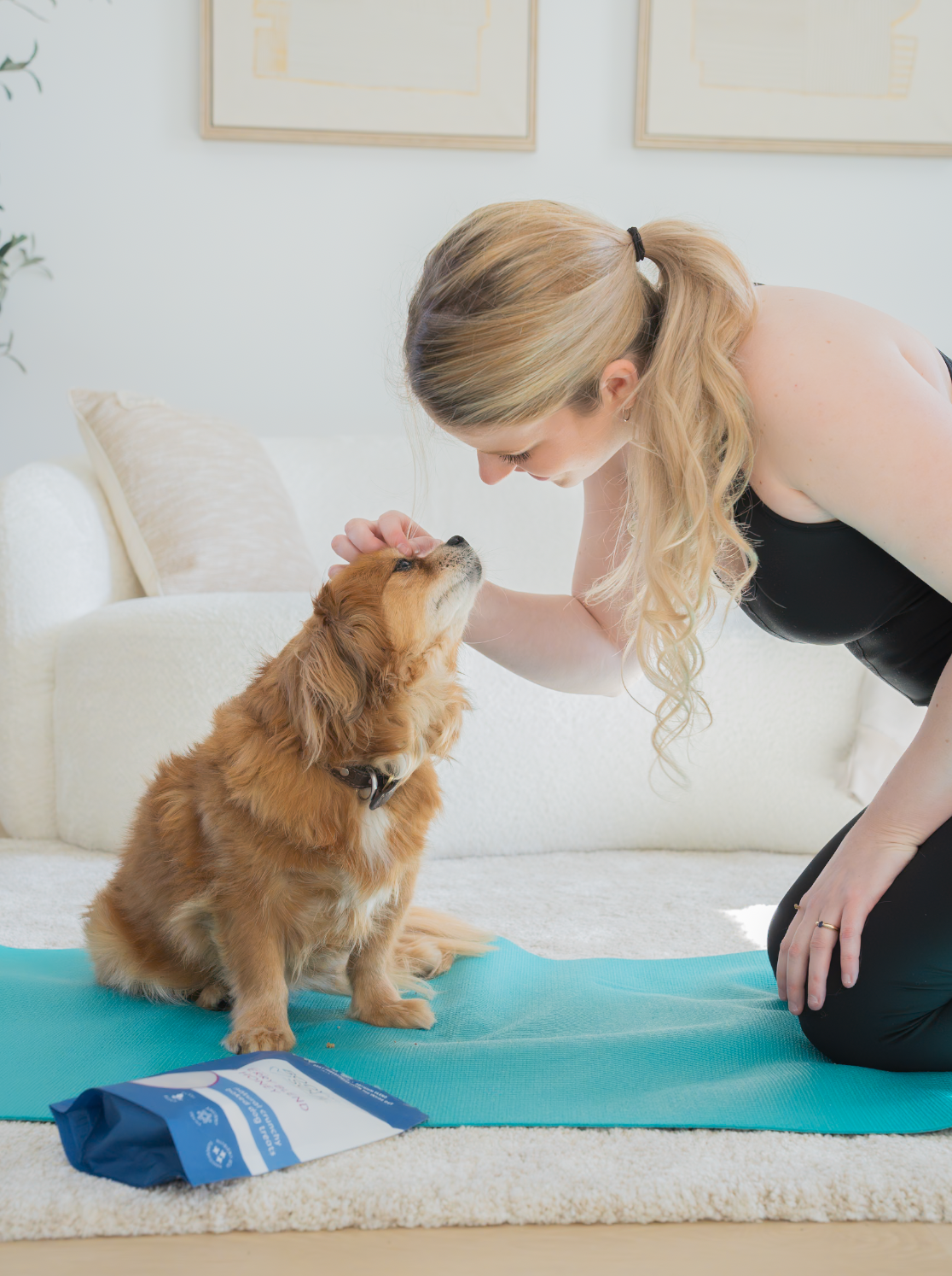 A woman petting a golden retriever dog on a blue exercise mat in a living room with white walls and framed artwork.