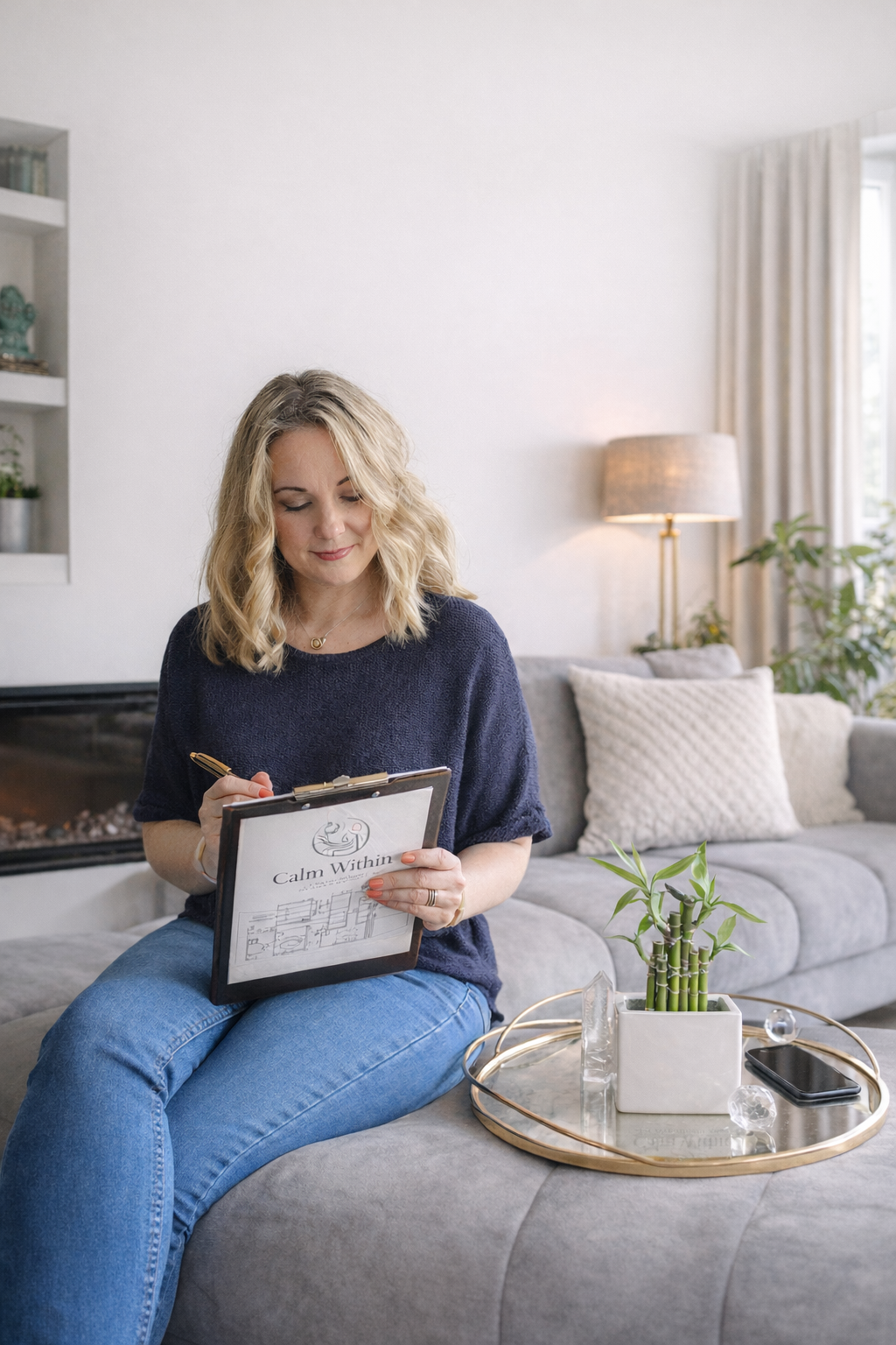 Holistic therapist reviewing Calm Within Method notes on clipboard in a peaceful living room setting