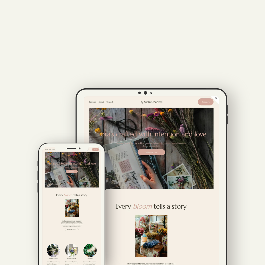 A website displayed on a tablet and smartphone, featuring floral arrangements and a blog about flowers, with a soft cream background.