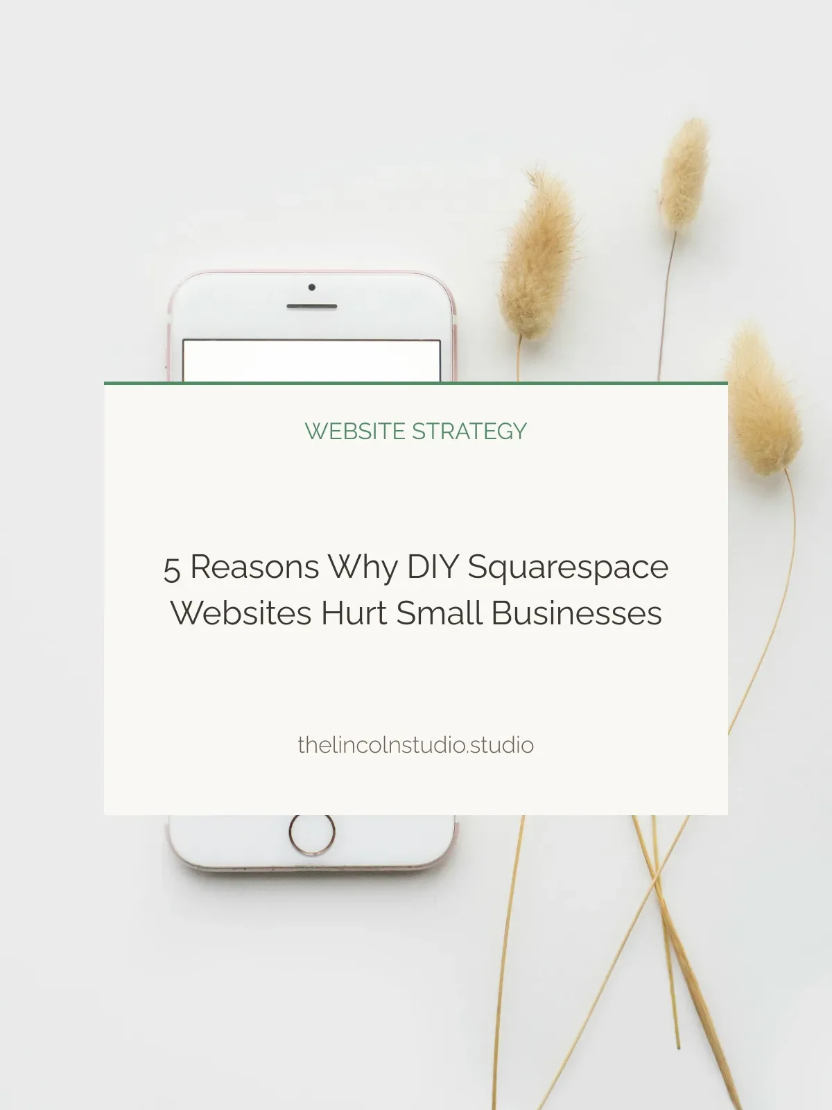 A smartphone placed on white background with dried beige grass around it, overlaid by a white card titled 'Website Strategy' and text '5 Reasons Why DIY Squarespace Websites Hurt Small Businesses', with a website URL at the bottom.
