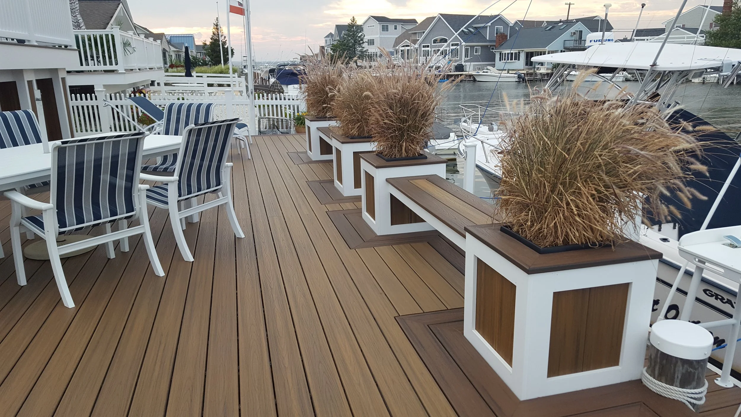 Custom Composite Deck with Custom Benches made with Composite Decking Material & PVC Trim-work, Long Beach Island, NJ