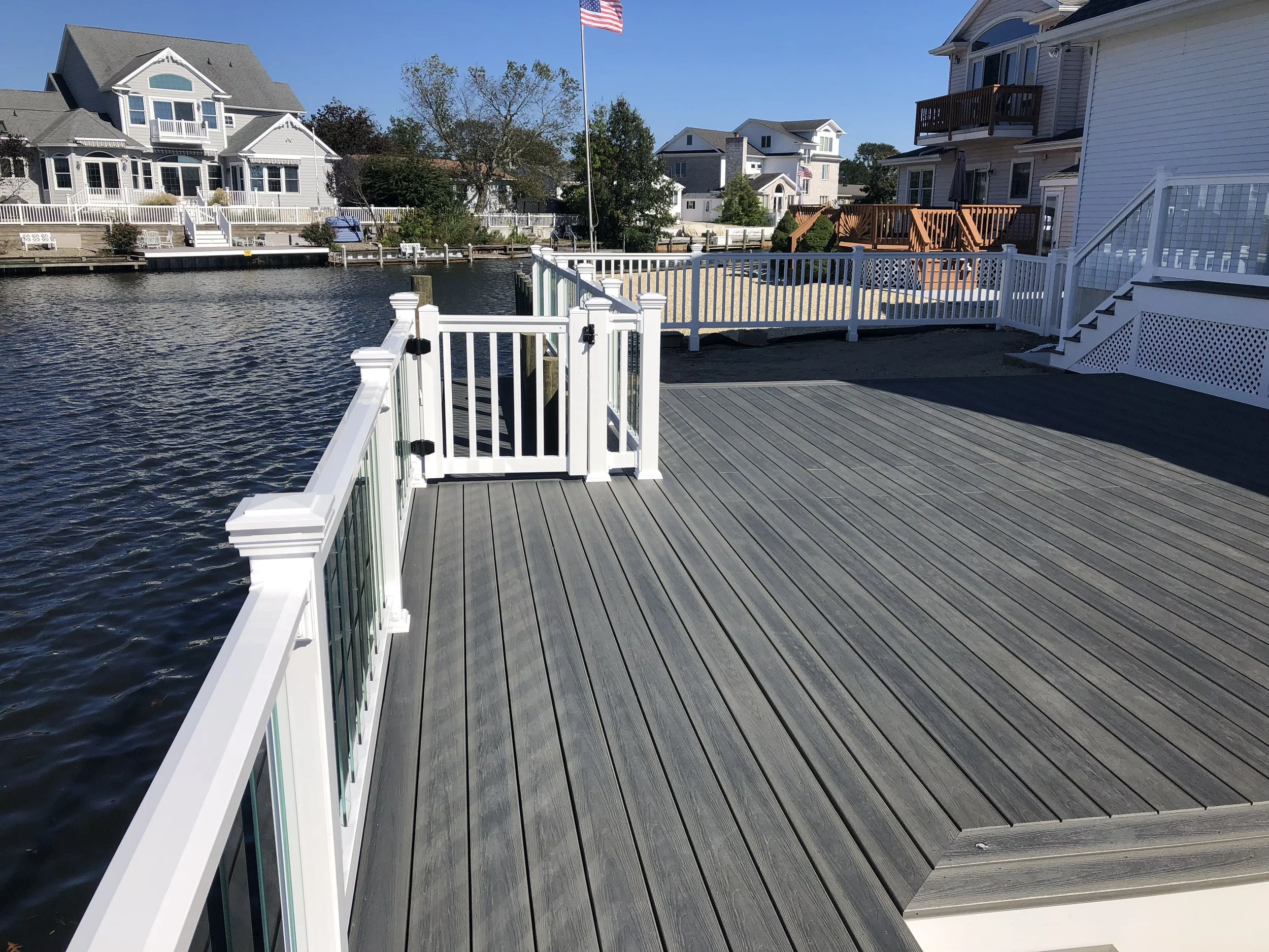 Deck and Dock Project, Vinyl Railings with Glass Panels, Deck Lighting, Toms River, NJ