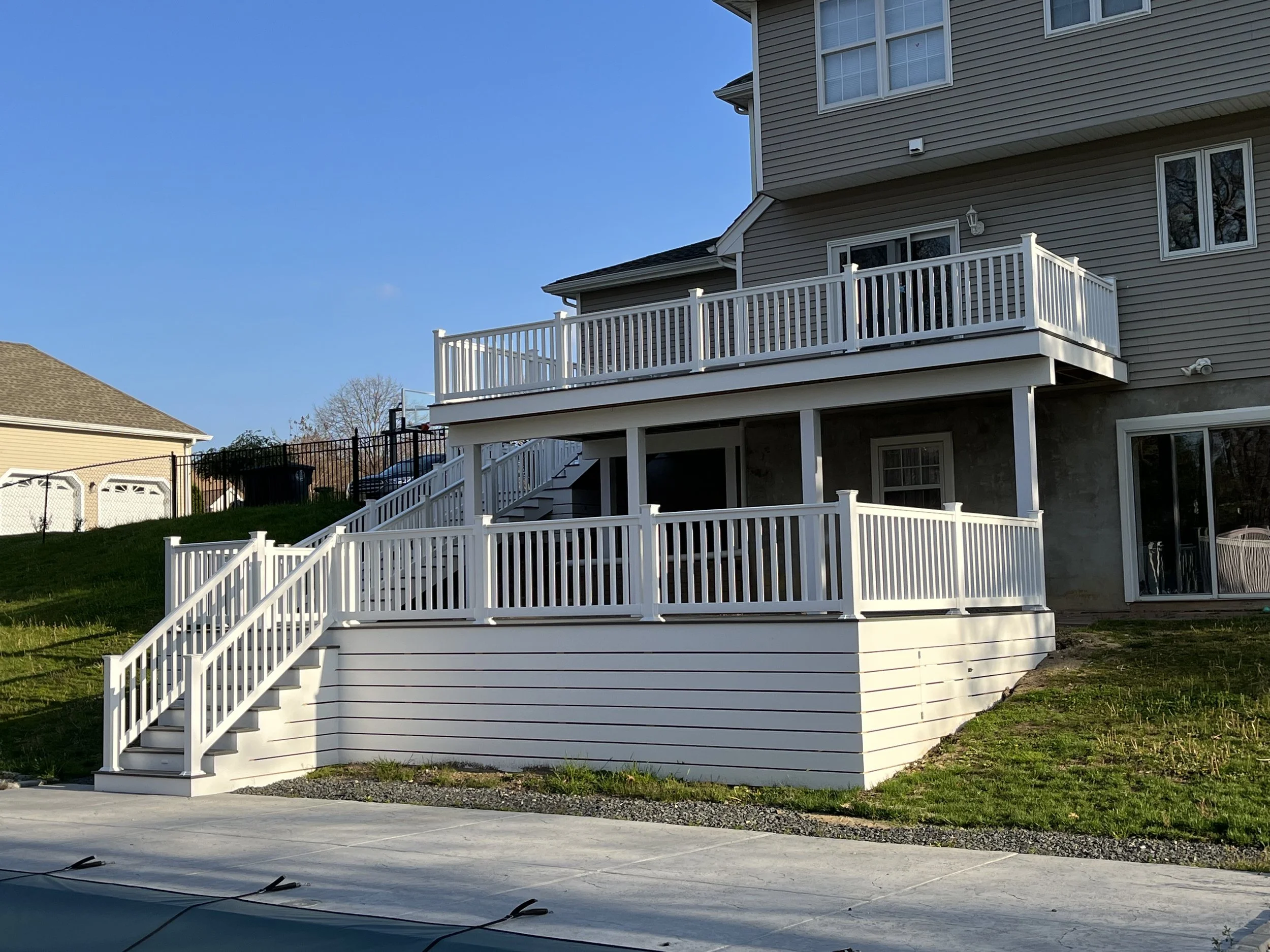 Custom Multi-Level Deck, Vinyl Railing, Deck Lighting, Custom PVC Deck Enclosure, Manasquan, NJ