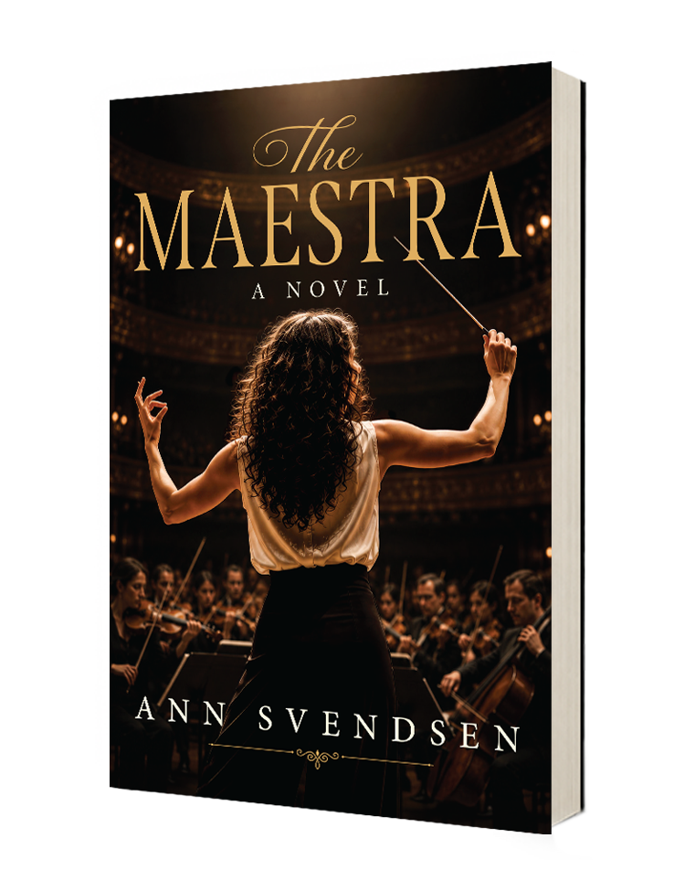 Book cover titled 'The Maestra' by Ann Svendsen, featuring a woman conductor directing an orchestra in a grand concert hall.