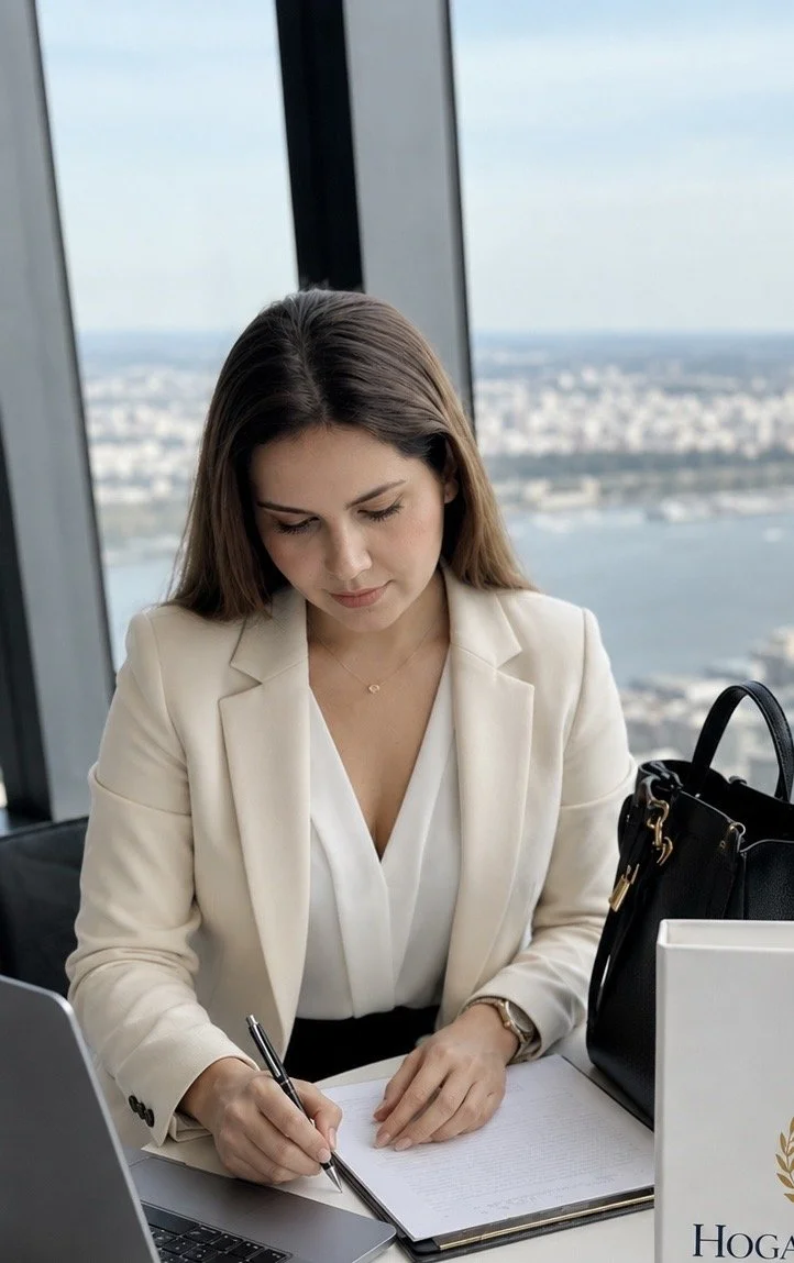 Businesswoman working at a desk in a high-rise office with a view of a city and river through large windows.