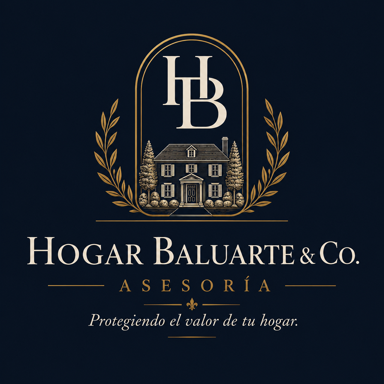 Logo of Hogar Baluarte & Co., a home advisory company, featuring a house illustration with trees and laurel wreaths, with the company name and tagline in Spanish.