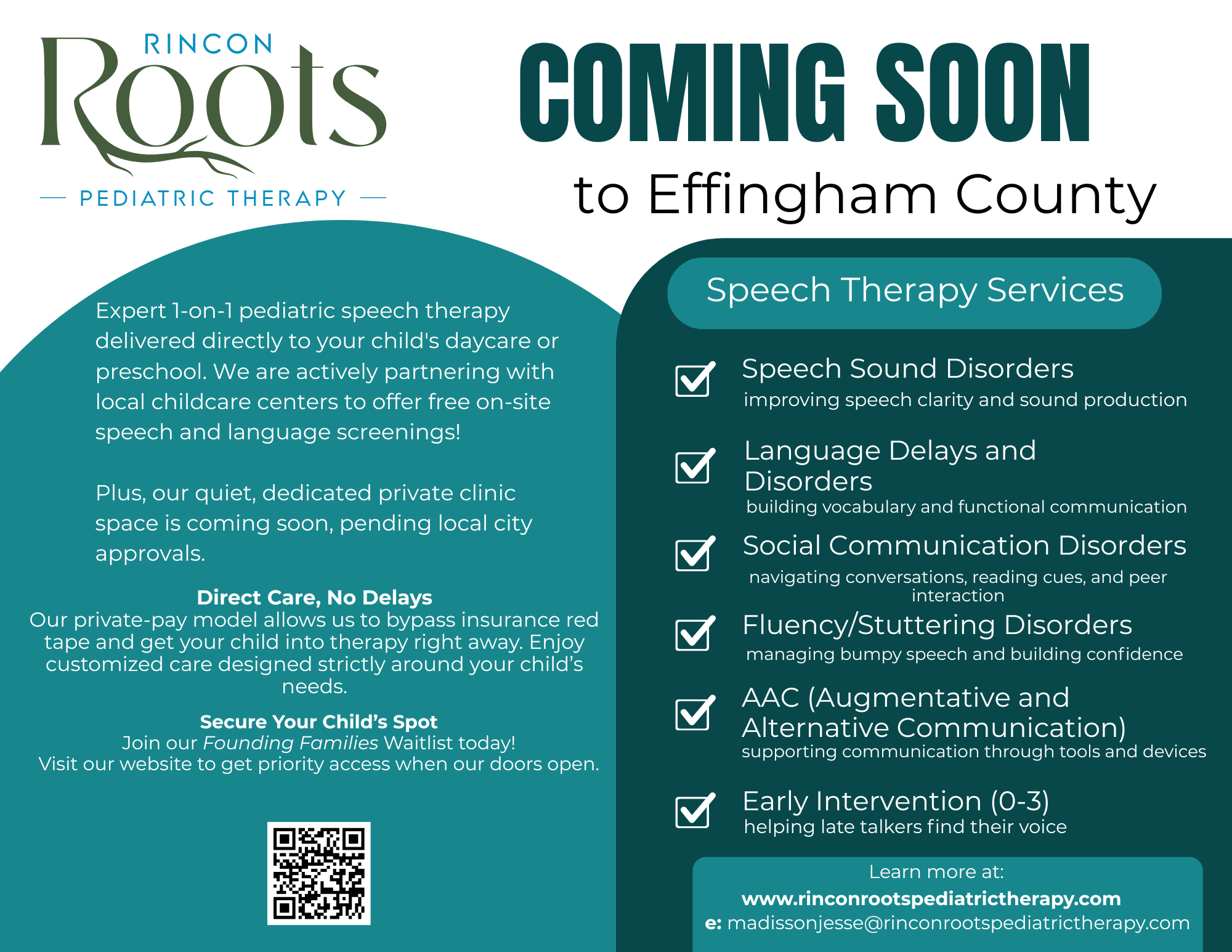 Poster advertising Rincon Roots Pediatric Therapy, highlighting upcoming services to Effingham County. It offers speech therapy for speech sound disorders, language delays, social communication disorders, fluency/stuttering, AAC, and early intervention for children ages 0-3. The poster emphasizes their expert pediatric speech therapy, private clinic space, and online resources with a QR code and website link.