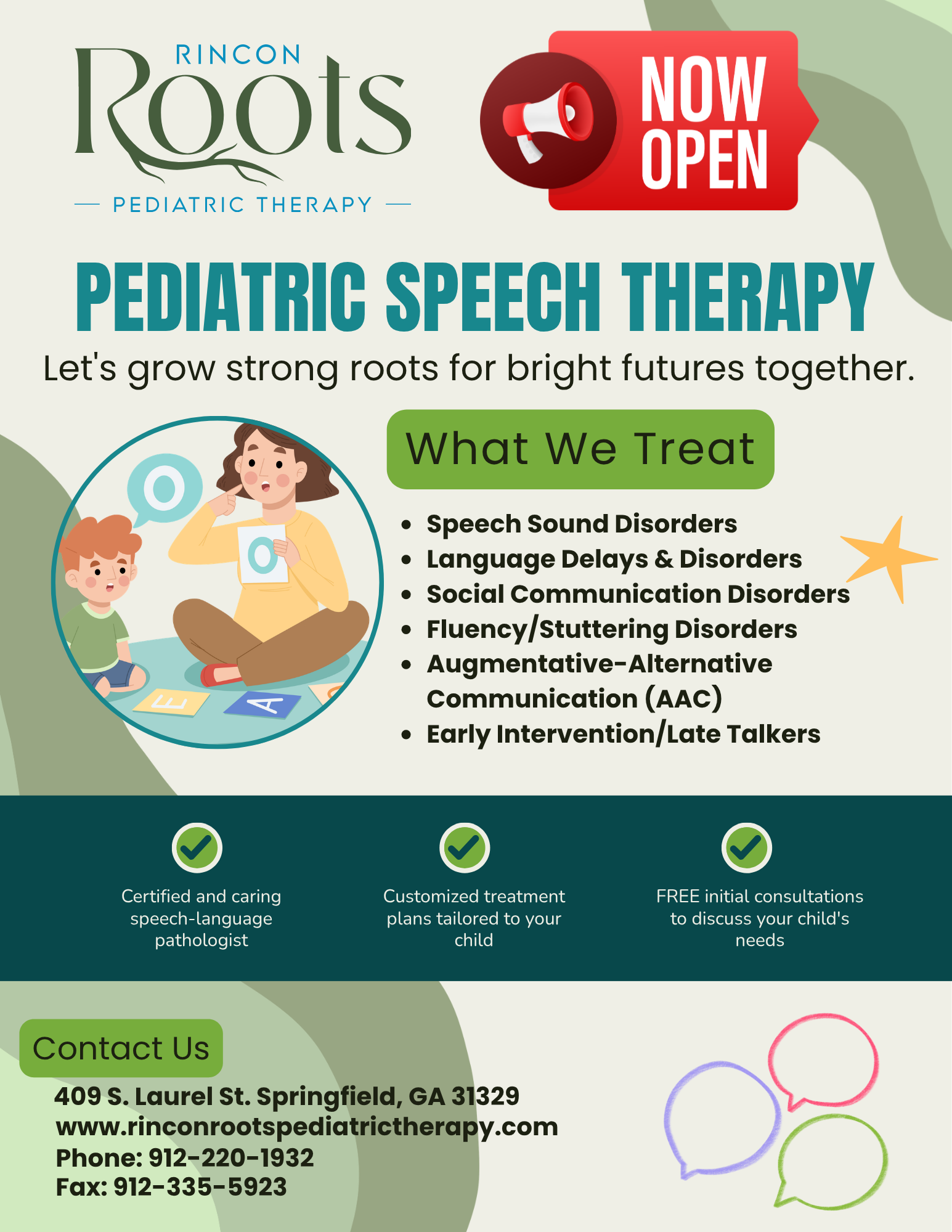 Advertisement for Rincon Roots Pediatric Therapy announcing that they are now open. Features text about pediatric speech therapy, a cartoon illustration of a woman teaching a young boy signs, and a list of treatment topics including speech sound disorders, language delays, social communication, fluency, augmentative communication, and early intervention. Contains contact information and services offered.