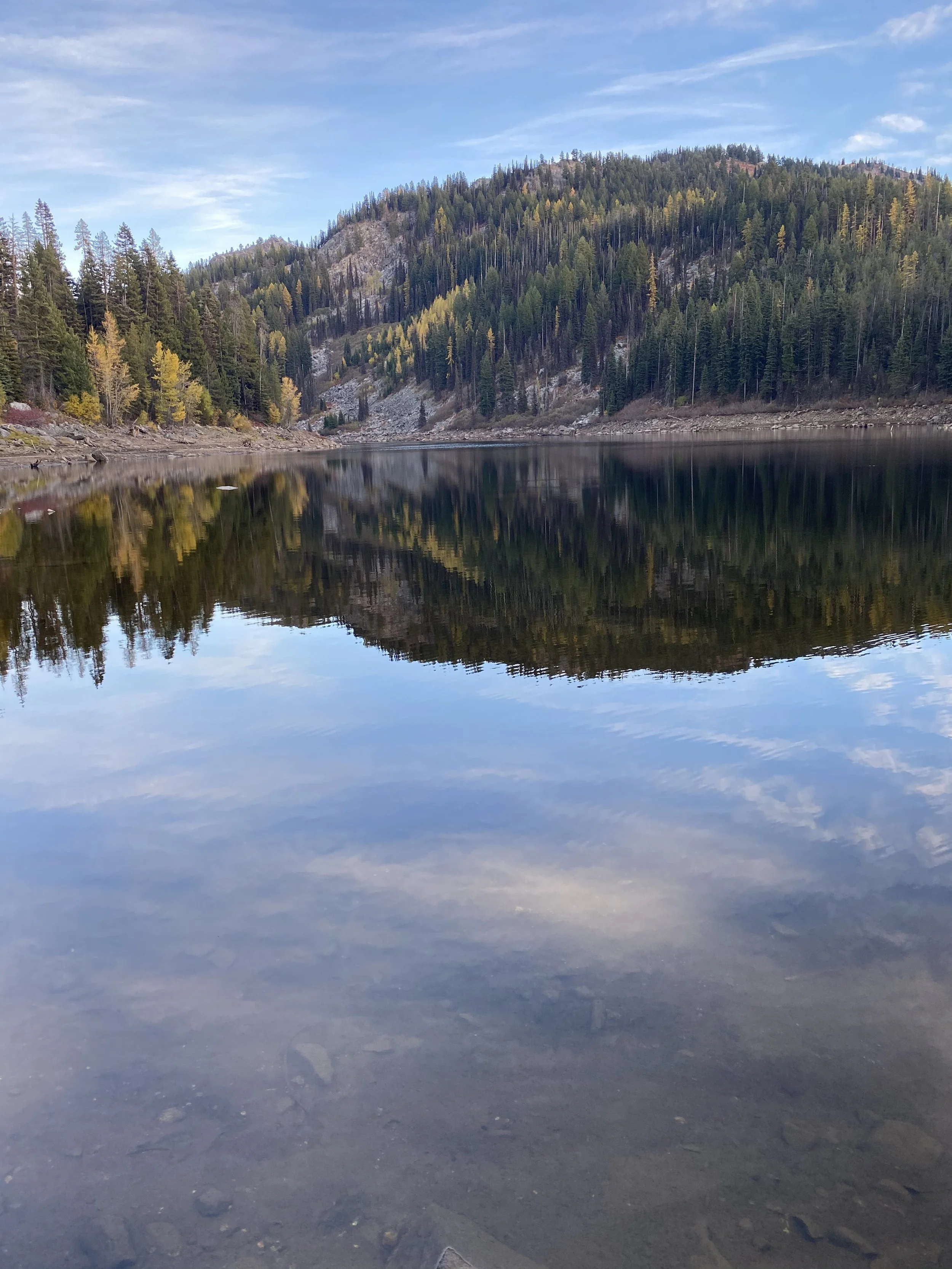 A calm lake with a mountain covered in evergreen trees in the background, and a partly cloudy blue sky.