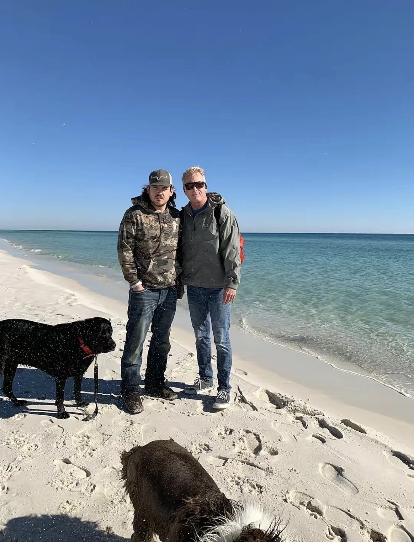 Two men standing on a sandy beach next to the ocean, with a black dog and a brown and white dog nearby. The men are wearing jackets and sunglasses, and the sky is clear and blue.