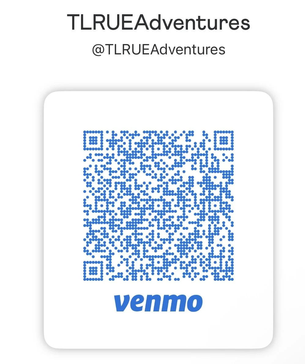 A digital Venmo QR code with the label 'TLRUEAdventures' and the Venmo logo below.