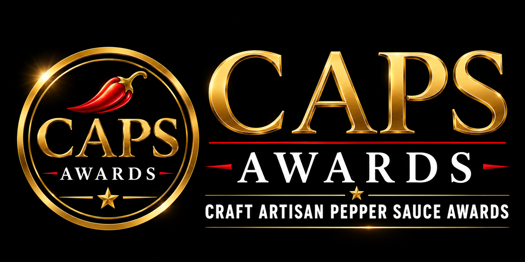 Gold and black logo for the Cap's Awards featuring a red chili pepper and the text 'Cap's Awards - Craft Artisan Pepper Sauce Awards'.
