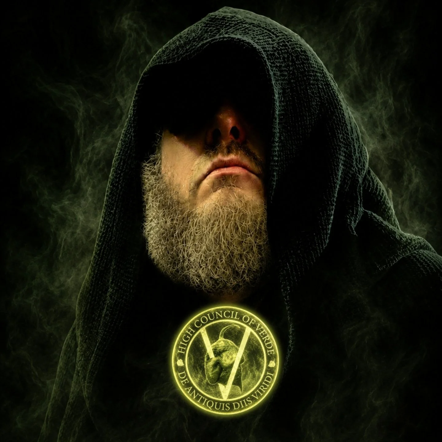 A man with a long beard is wearing a black hooded cloak, with smoke or mist around him. There is a glowing emblem with a skull and Latin inscription at the bottom.
