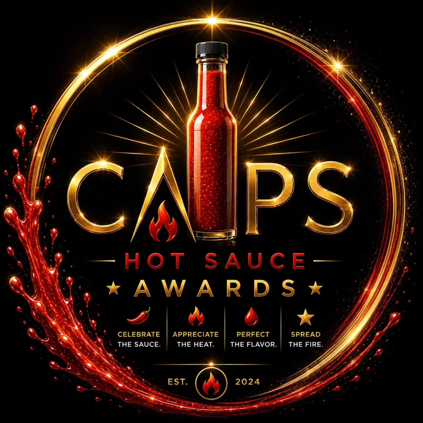 A digital graphic design featuring a central hot sauce bottle with bright golden sparkles and red fiery accents, surrounded by swirling flames and sparks. Text reads 'CAPS Hot Sauce Awards,' with the tagline 'Celebrate the Sauce, Appreciate the Heat,