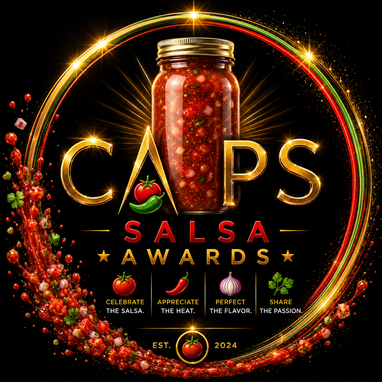 A promotional poster for the CAPS Salsa Awards features a jar of salsa at the center, surrounded by colorful swirling salsa splashes, bright sparks, and a neon-style circular border. The text reads 'CAPS Salsa Awards' with a tagline encouraging celeb