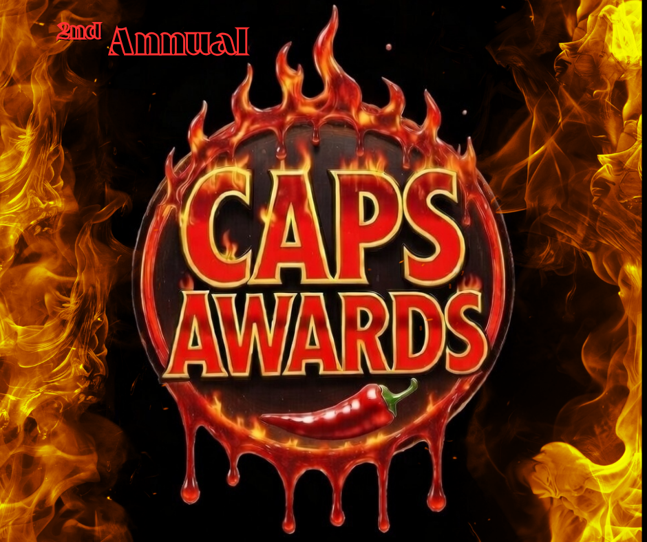 A fiery themed poster for the 2nd Annual Caps Awards, featuring a red chili pepper and flames surrounding the text.