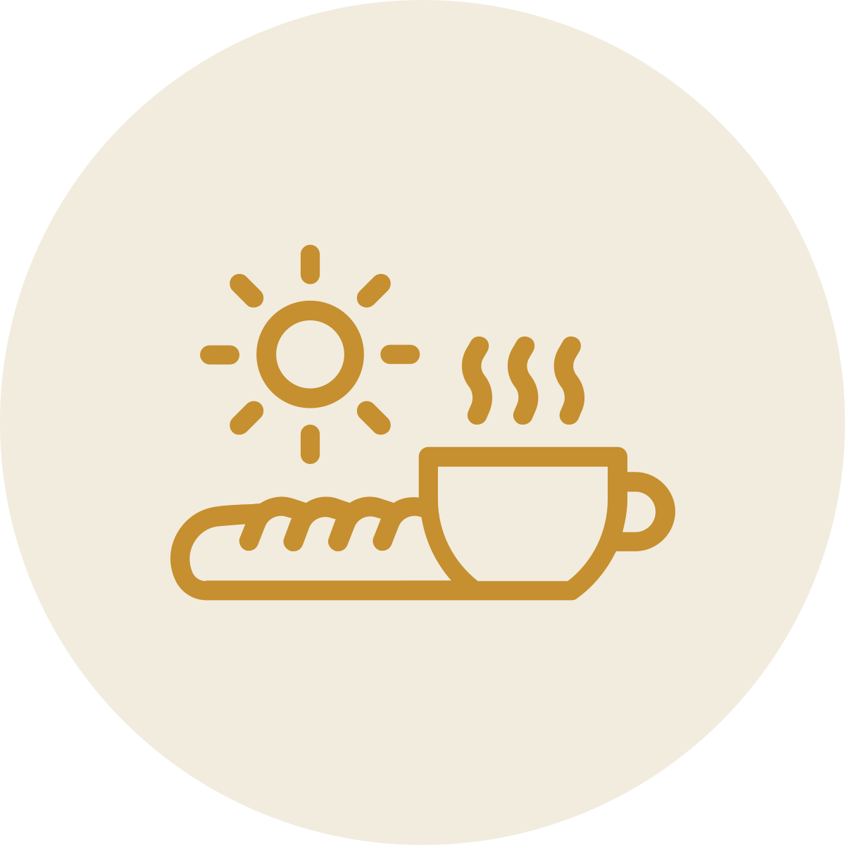 Minimalist icon of the sun, a steaming cup, and a baguette.