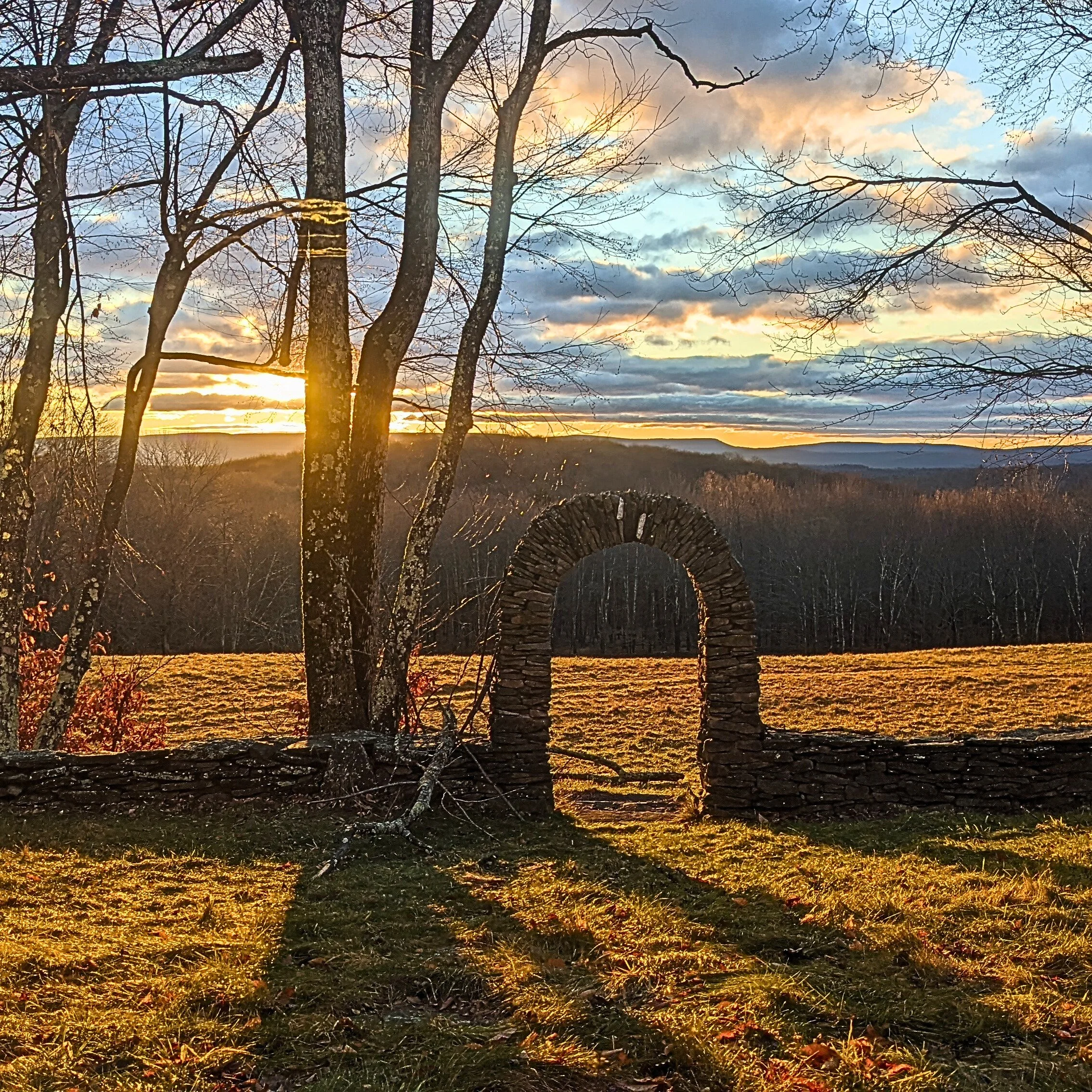 A sunset scene with trees and a cloudy sky, with the sun partially visible near the horizon and casting golden light on the landscape.