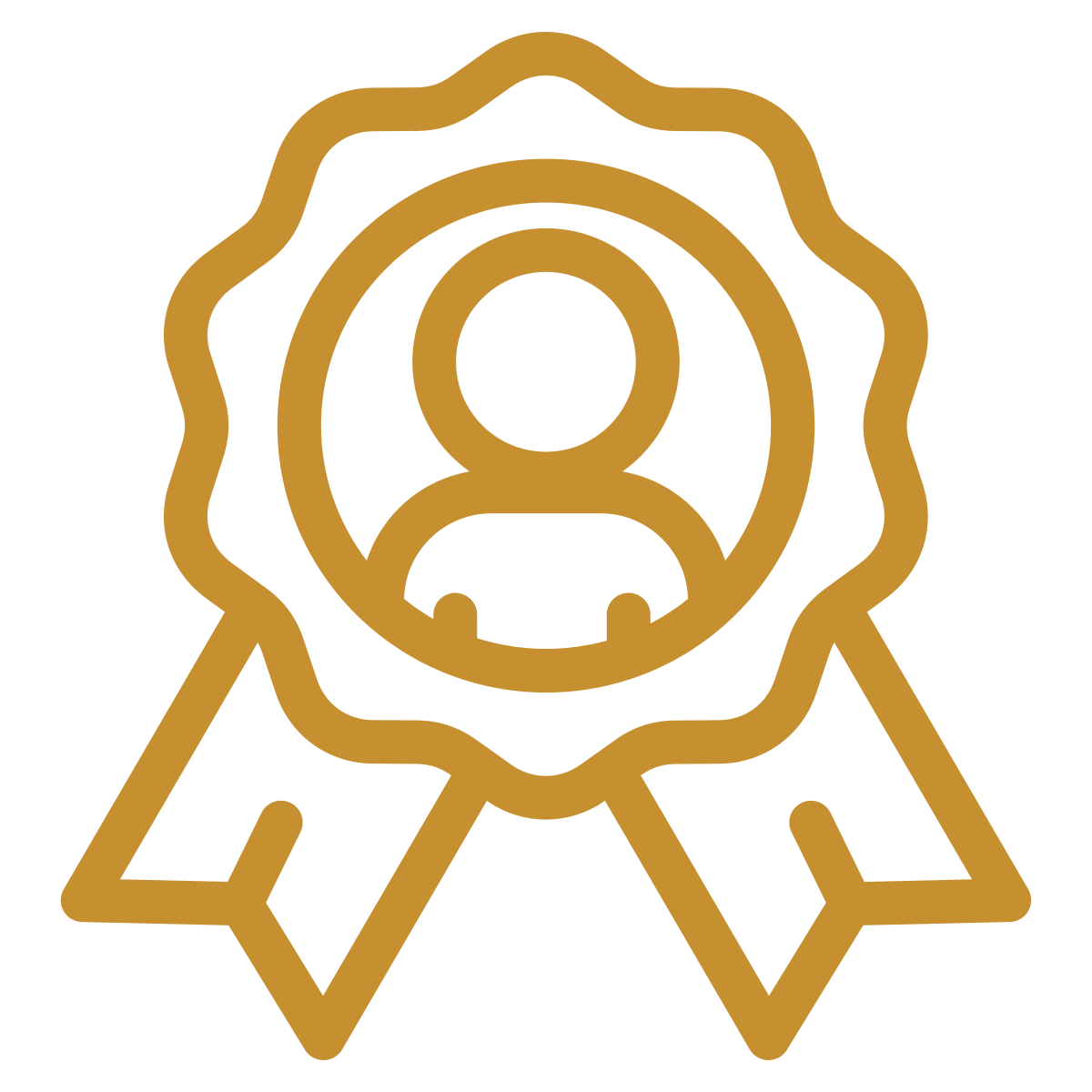 Gold award ribbon with an oval icon of a person at the center.