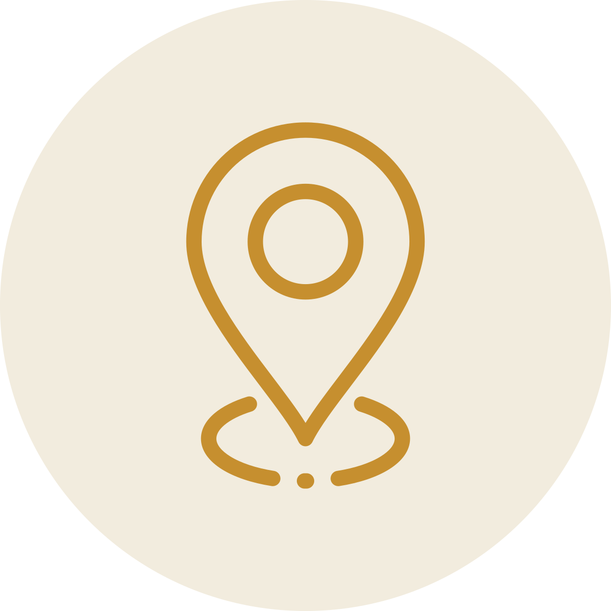 Icon of a map pin or location marker in gold on a light beige circular background.