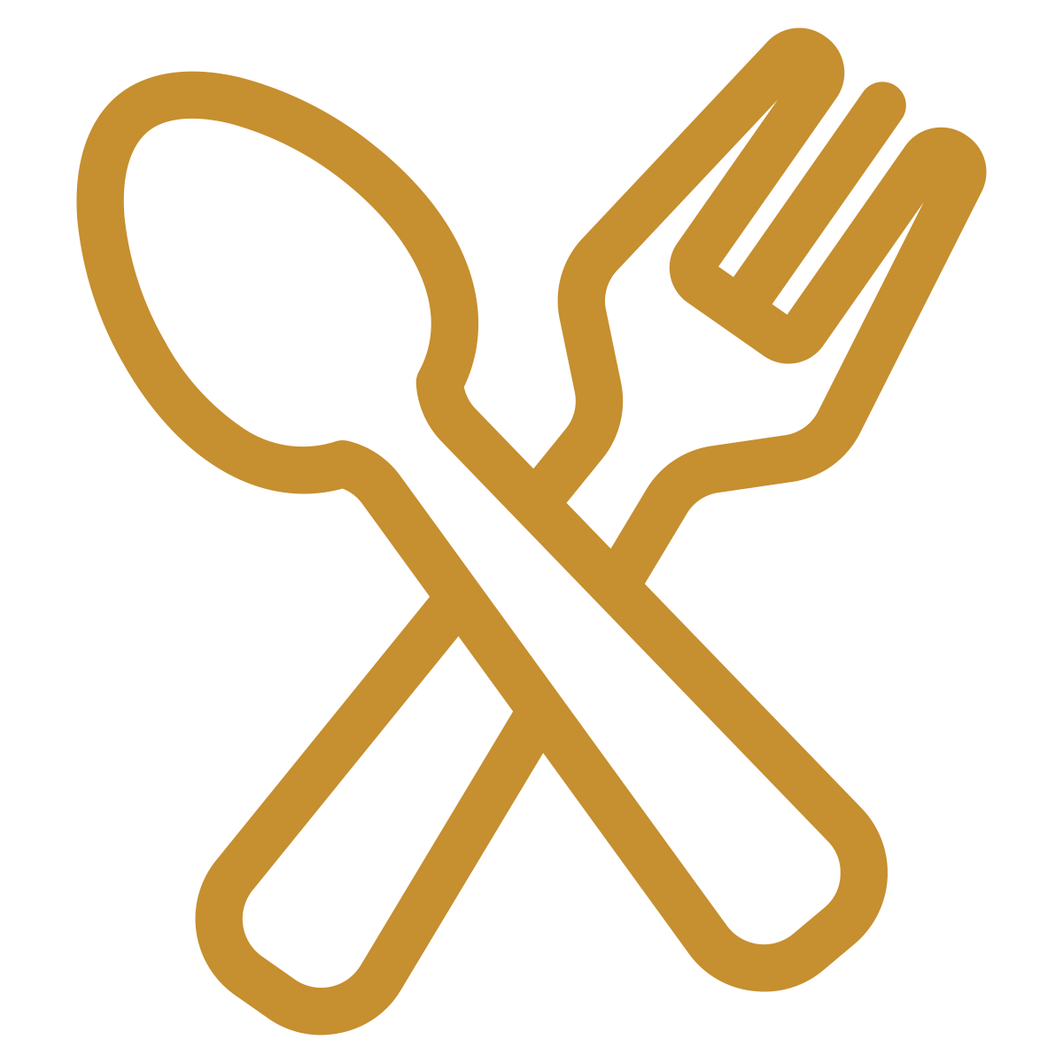 Gold illustration of a spoon and fork crossed over each other.