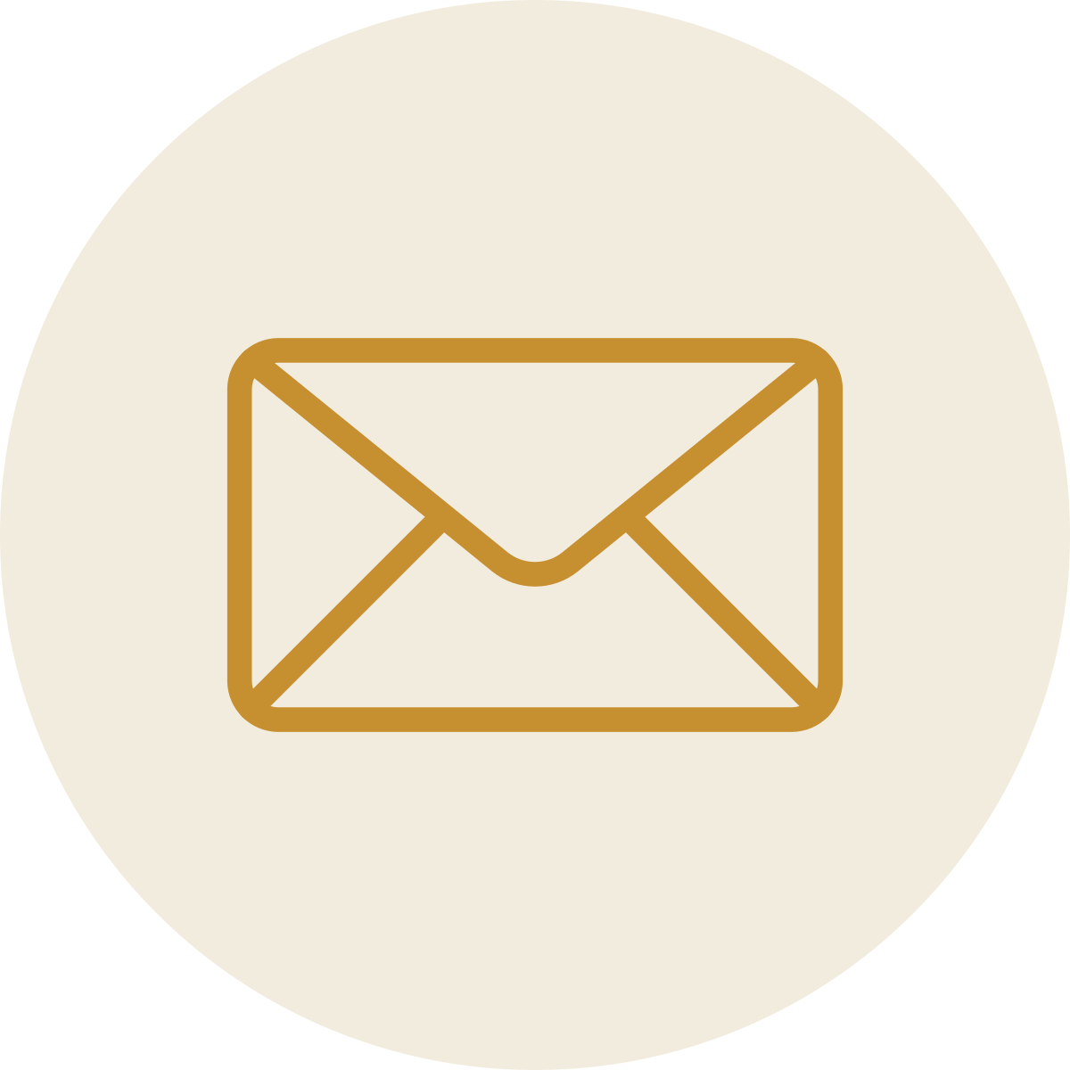 Icon of an envelope or email in gold/brown outline on a beige circular background.