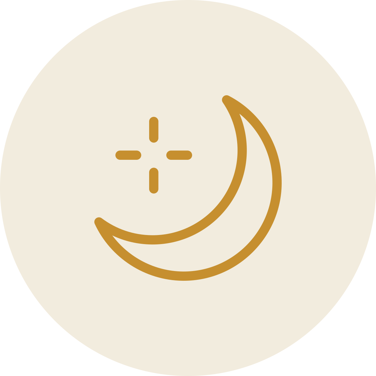 Nighttime scene with a crescent moon and a crosshair focus symbol in the center.