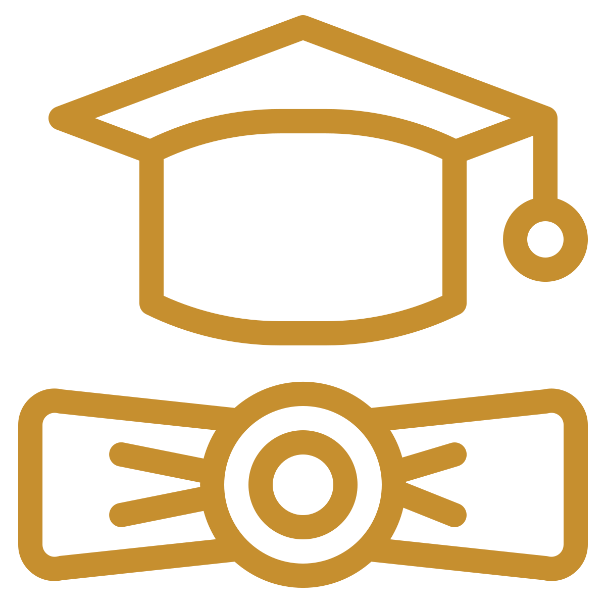 Gold outline of a graduation cap and a diploma or certificate.