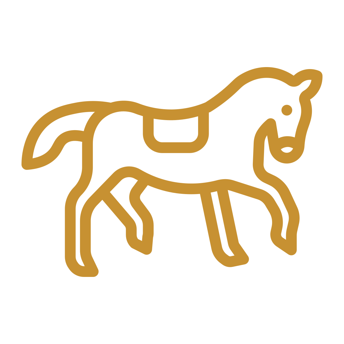 Stylized gold outline of a horse with a saddle on a black background.