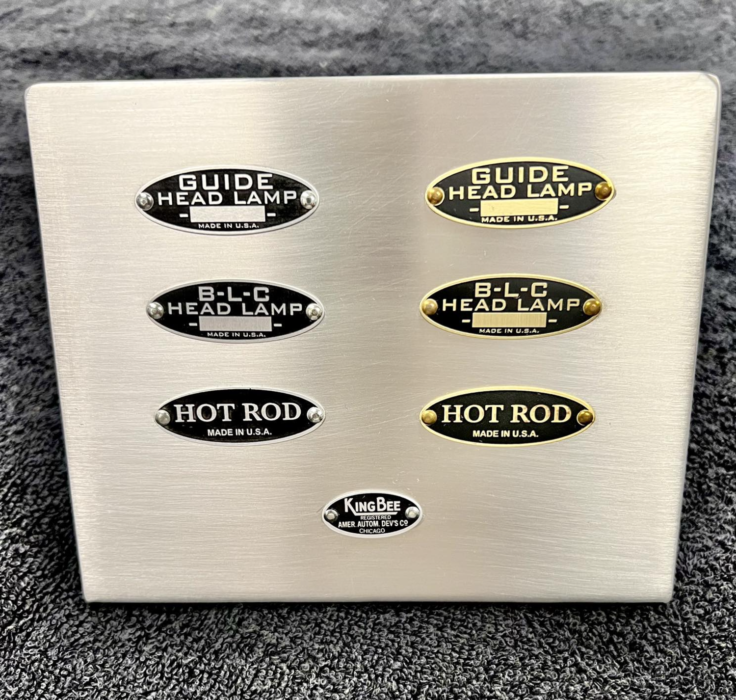 Need a head lamp tag? We’ve got them all. 

Formally sold by Rick Bales (1932 Louver Company) now available at Swillco Speed Shop! 

Guide, BLC & Hot Rod. Your choice of brass or aluminum. King Bee available in aluminum only. 

Includes 2 tags with r