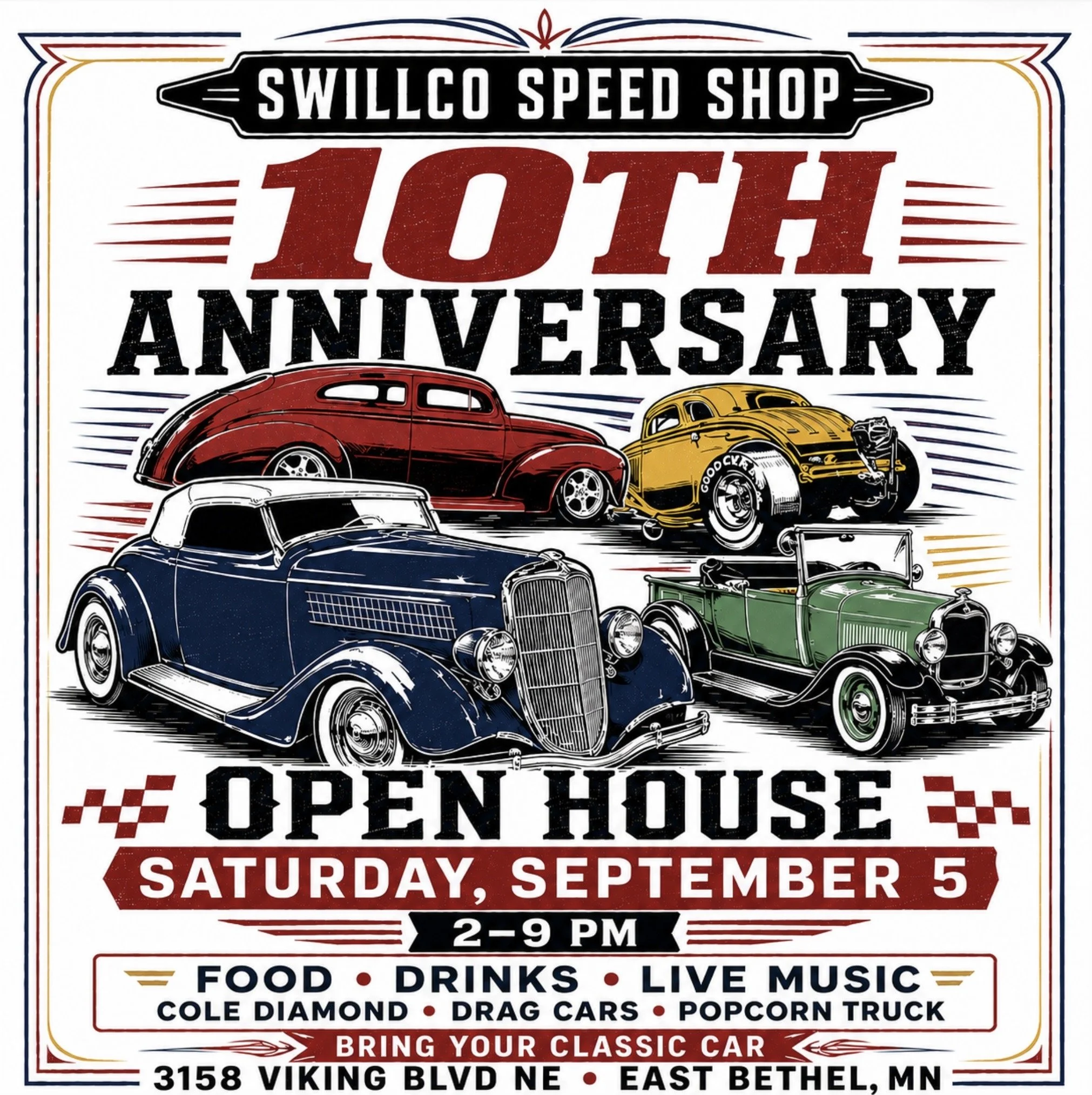 Join us on Saturday, September 5, from 2–9 PM as we celebrate the Swillco Speed Shop 10th Anniversary Open House! We’re marking ten incredible years with good food, drinks, live music from Cole Diamond, drag cars, a delicious popcorn truck, and more.