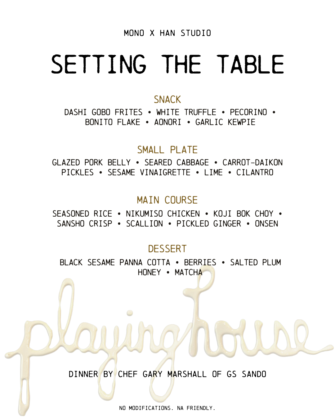Dinner menu titled 'Setting the Table' with sections for snack, small plate, main course, and dessert, featuring dishes like dashi gobo frites, glazed pork belly, seasoned rice, black sesame panna cotta, and a handwritten word 'playhouse' in cream-colored icing.