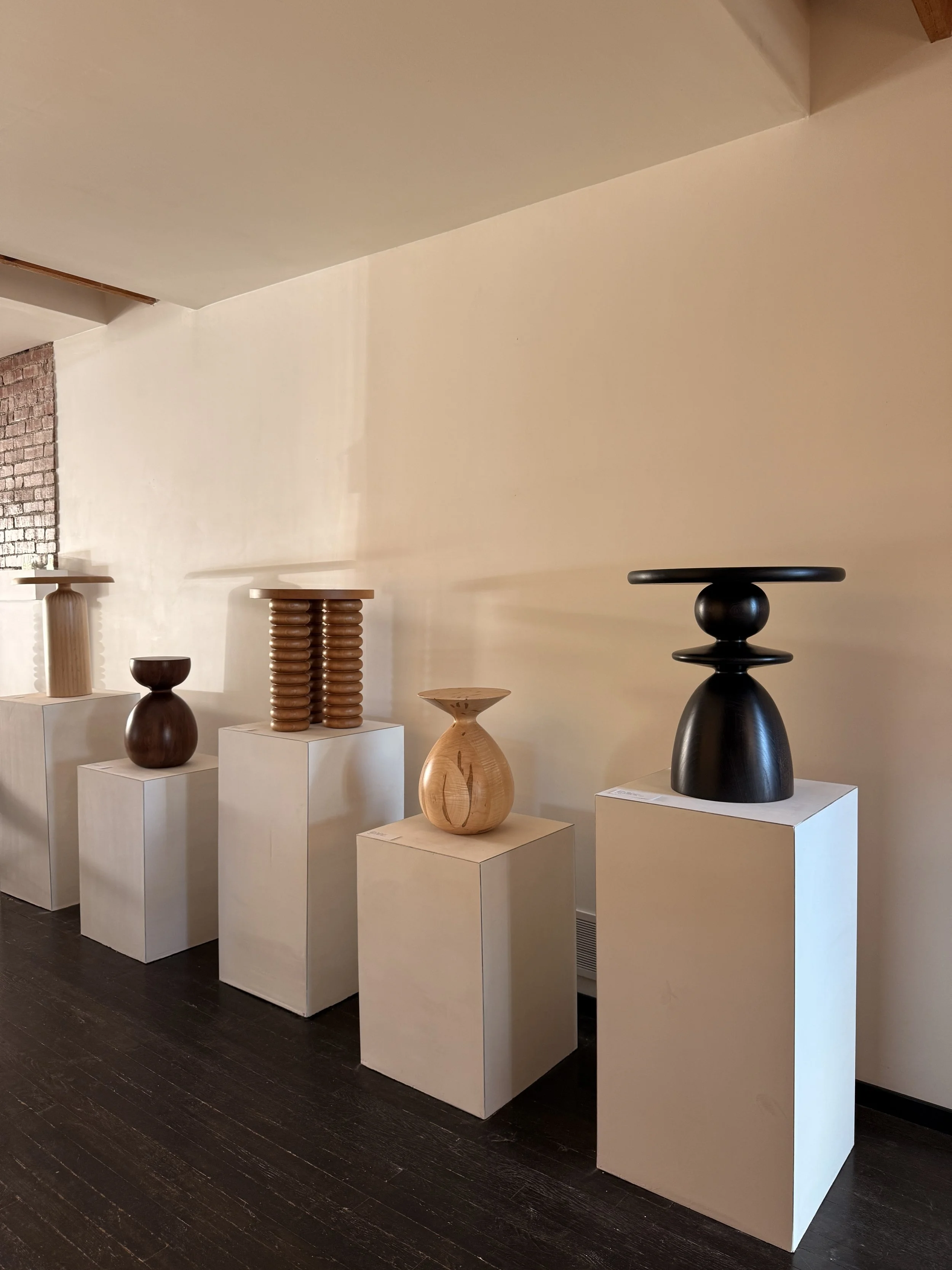 Eight wooden sculptures of various shapes and sizes displayed on white pedestals in an art gallery with a beige wall and dark wooden floor.