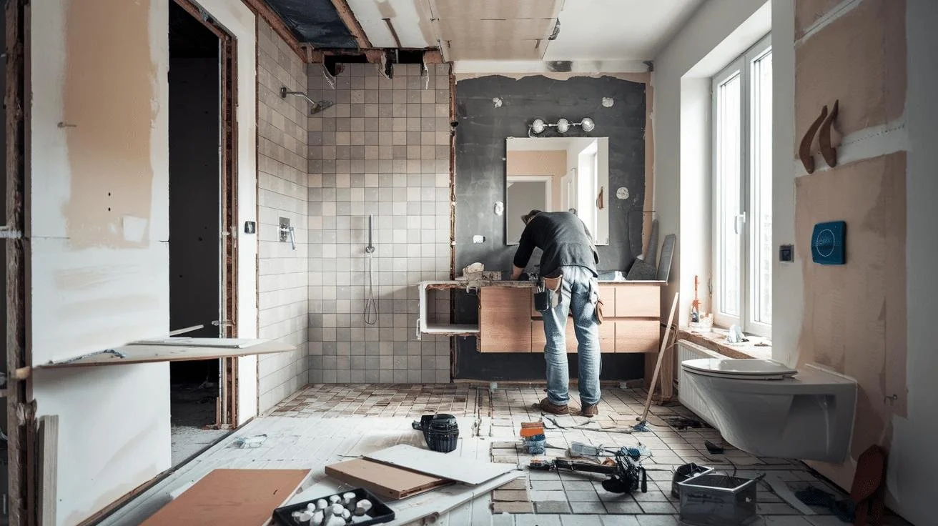 A person working on bathroom renovation, standing at a wooden vanity with a mirror above, surrounded by construction tools and materials, with a large window to the right providing natural light.