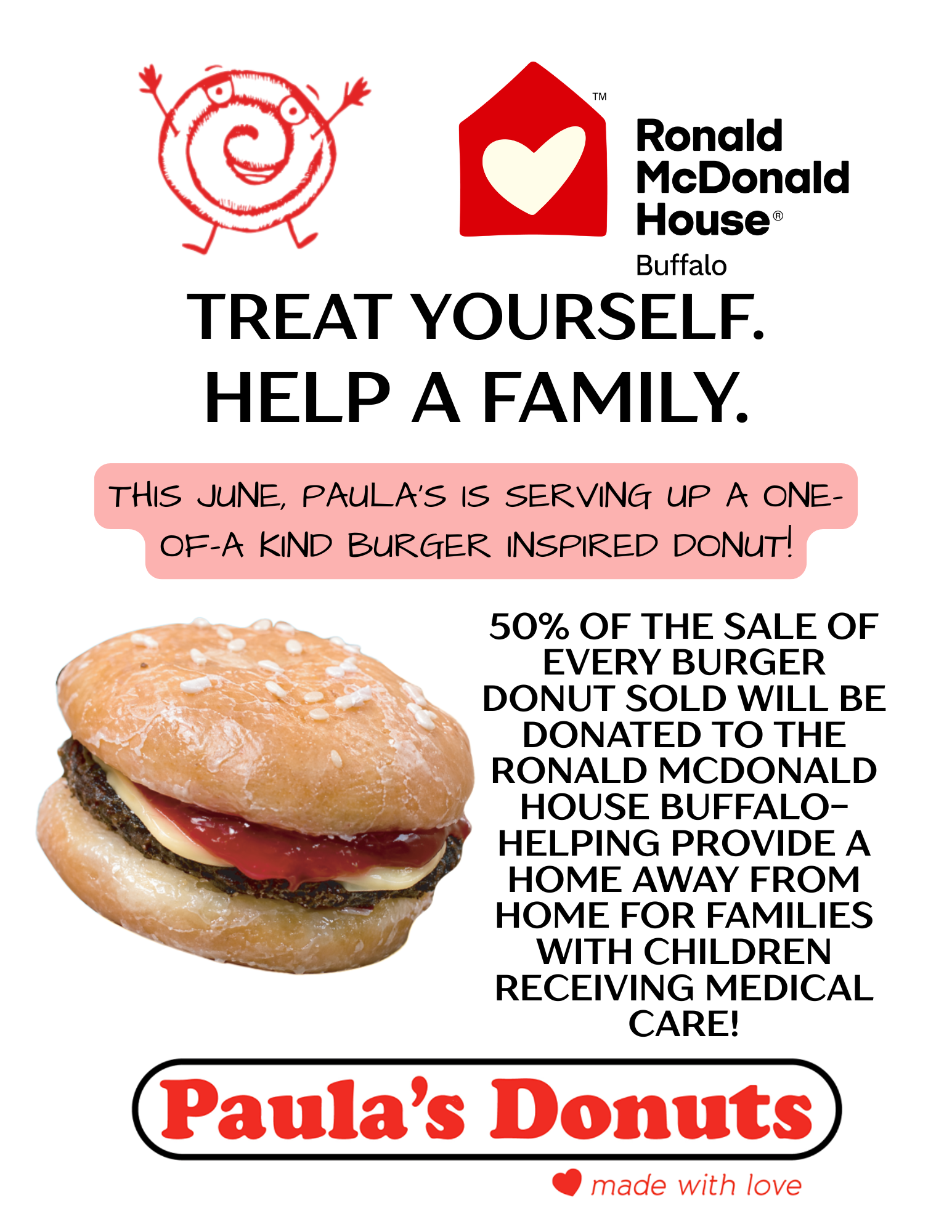 RONALD MCDONALD HOUSE BUFFALO BURGER DONUT PAULAS DONUTS CHEESEBURGER FUNDRAISER BUFFALO NEW YORK COFFEE KIDS JUNE
