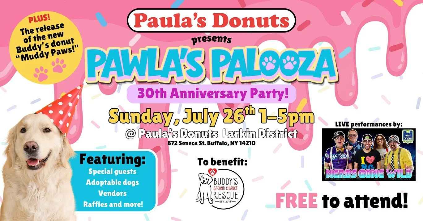 BUDDYS SECOND CHANCE ANIMAL RESCUE DOG PUPPY PAULAS DONUTS PAWLAS PALOOZA NERDS GONE WILD FAMILY FUN FREE EVENT LARKINVILLE LARKIN SQUARE DONUTS MUDDY PAWS MUDDY BUDDY JULY BUFFALO NEW YORK