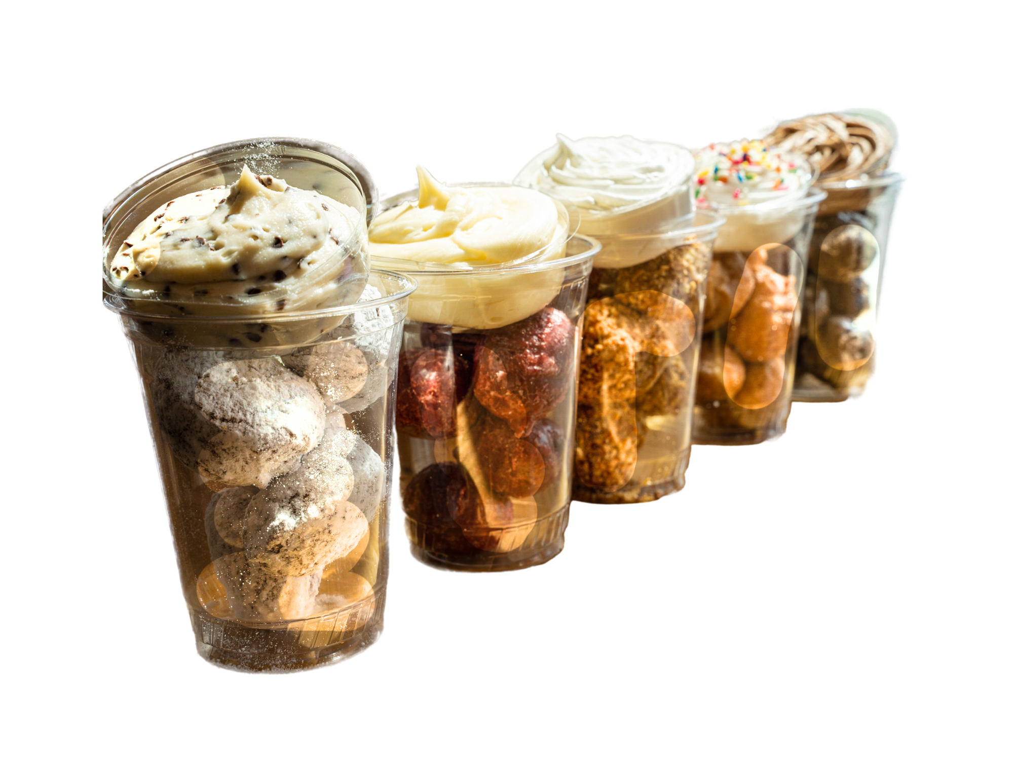 Five clear plastic cups filled with various types of ice cream and toppings arranged in a row.