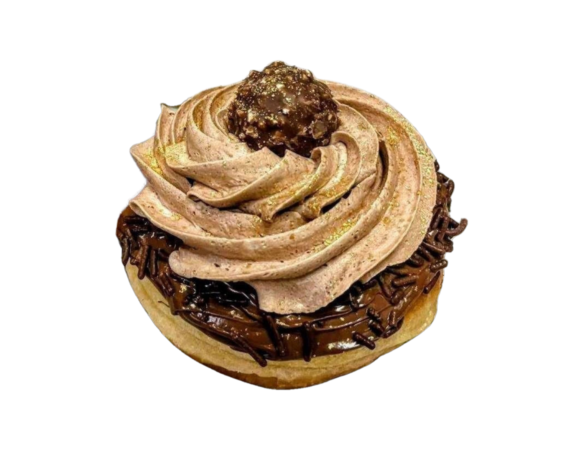 A cupcake with chocolate frosting, topped with a chocolate truffle, and sprinkled with gold glitter, served in a yellow cupcake liner.