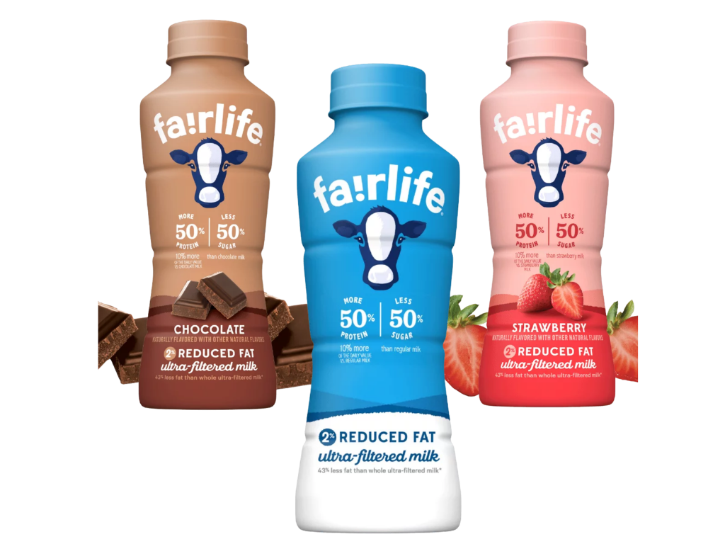 Three bottles of fa:r!ife ultra-filtered milk in chocolate, blue, and strawberry flavors, with images of chocolate pieces and strawberries on the bottles.