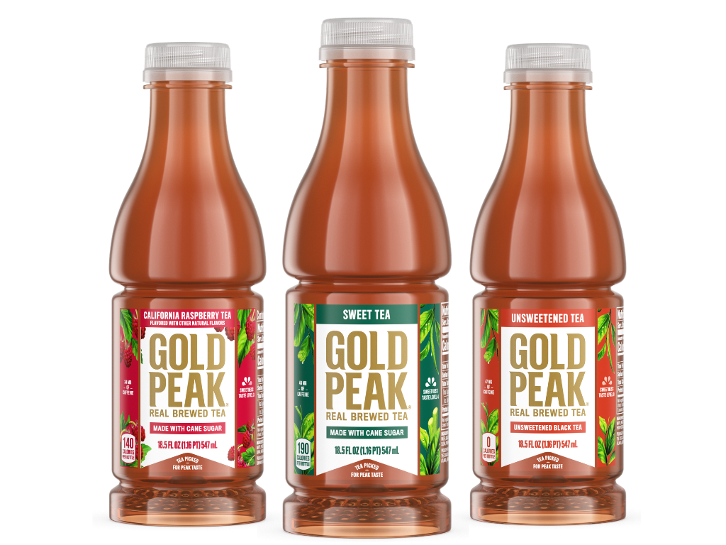 Three bottles of Gold Peak tea, including California Raspberry Tea, Sweet Tea, and Unsweetened Black Tea.