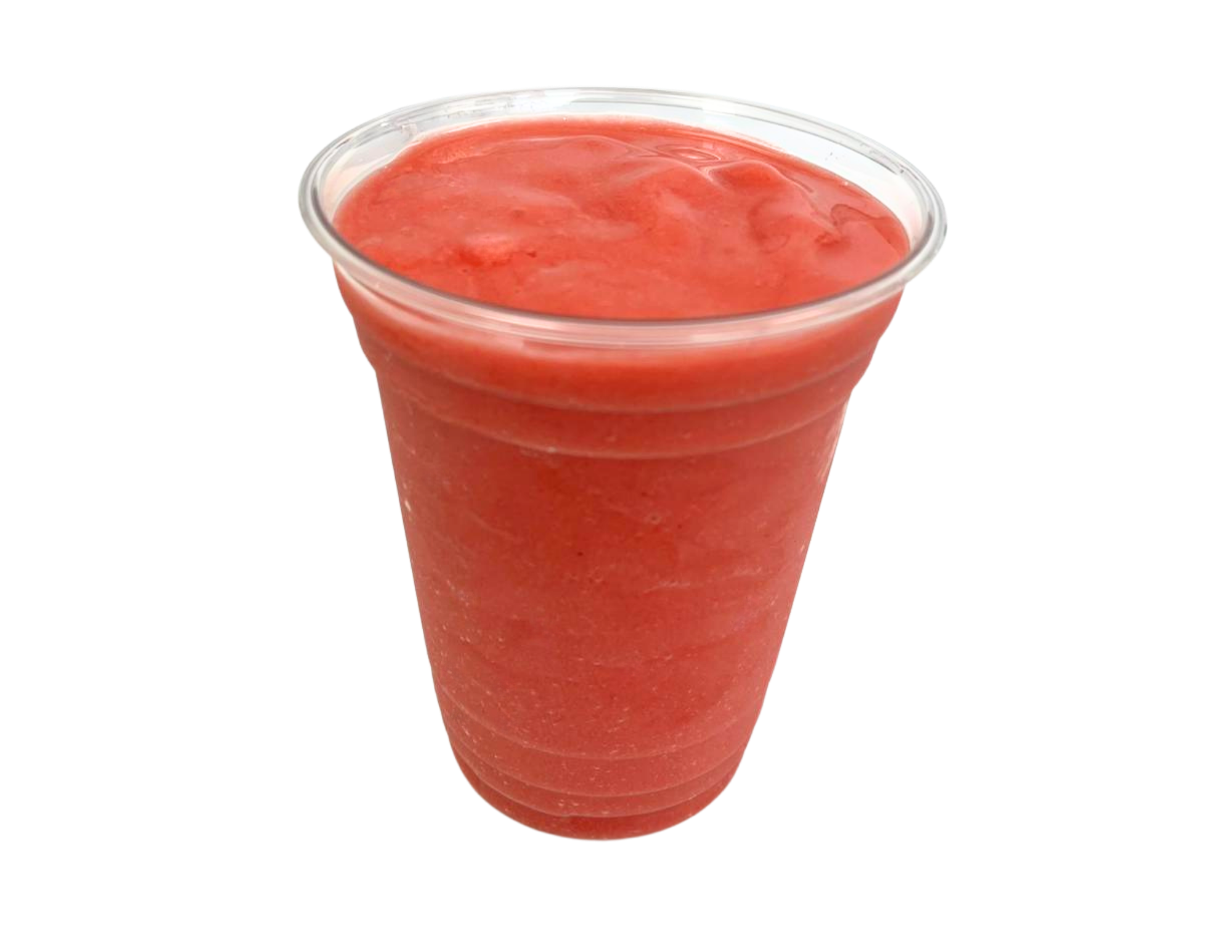 A clear plastic cup filled with pinkish-red smoothie.