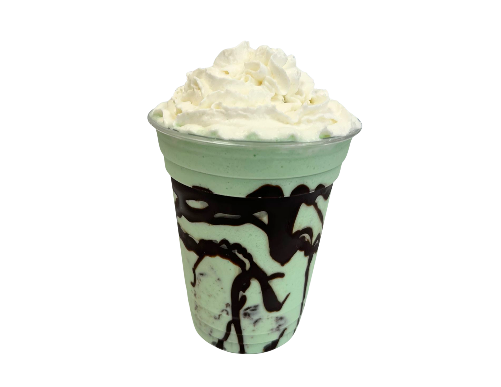 Mint chocolate chip milkshake topped with whipped cream and chocolate syrup