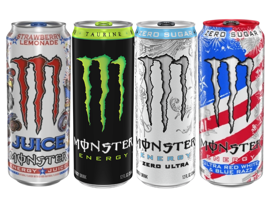 Four cans of Monster Energy drinks with different flavors and designs, including strawberry lemonade, original green, zero ultra, and patriotic edition with red, white, and blue colors.